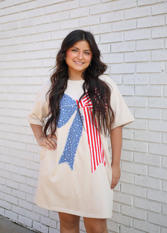 ECRU AMERICAN FLAG BOW GRAPHIC DRESS