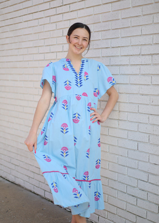 PERIWINKLE BLUE FLORAL EMBROIDERED DRESS