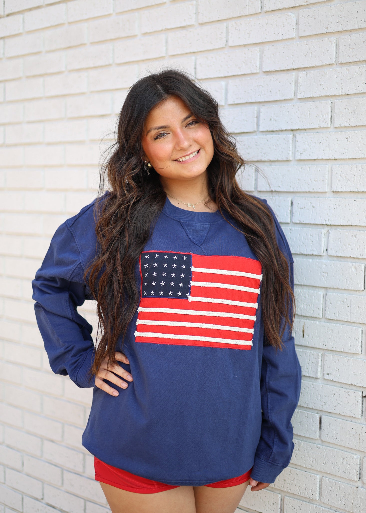 NAVY FRENCH TERRY FLAG PULLOVER