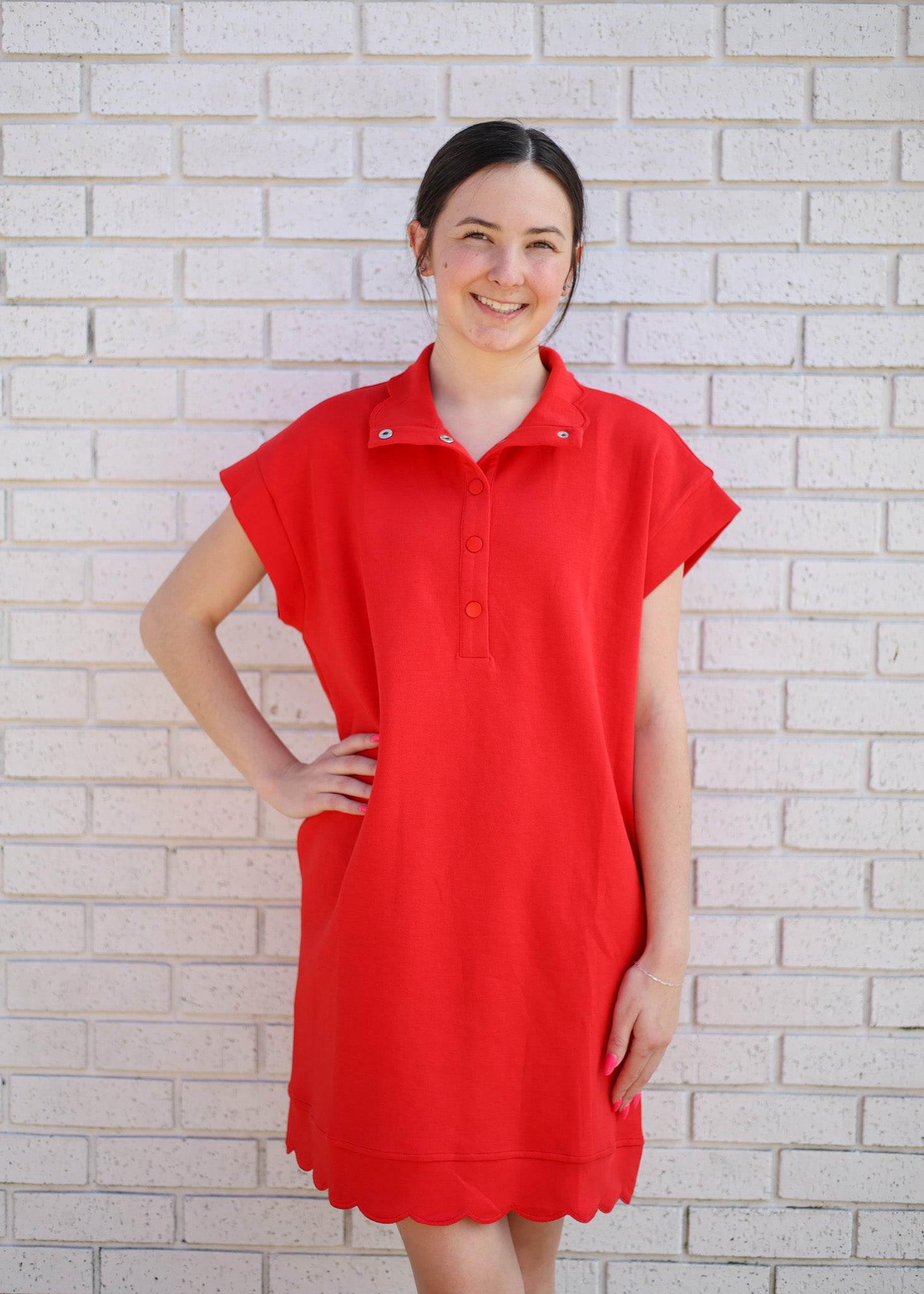 RED JERSEY KNIT MINI DRESS W/SCALLOP HEM