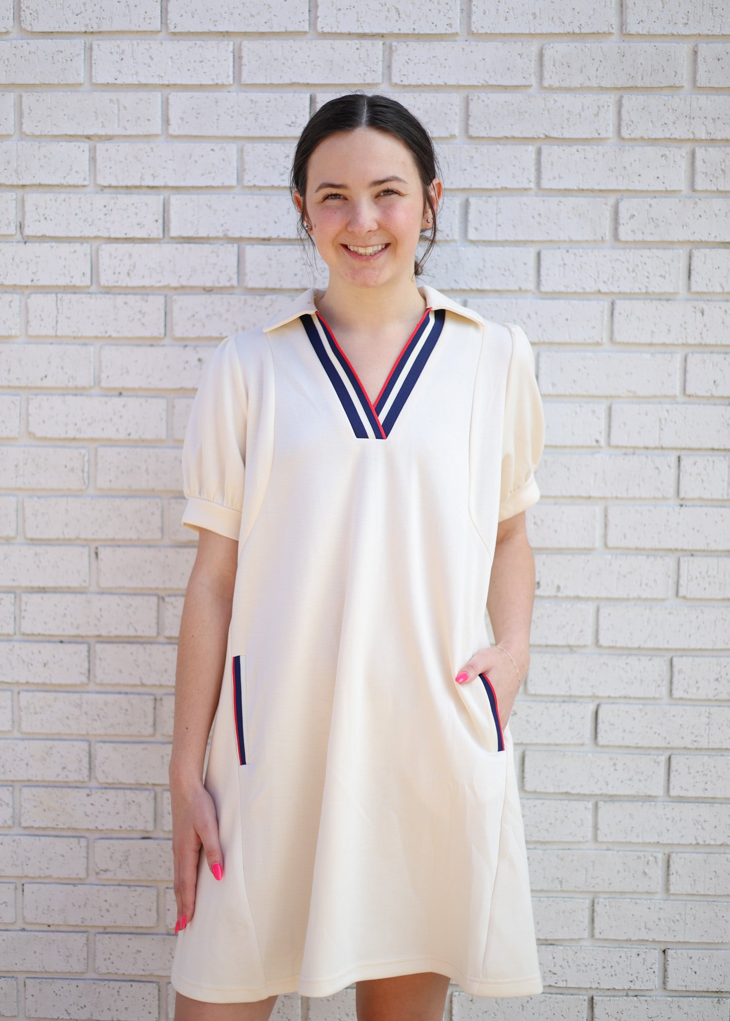 CREAM JERSEY KNIT V NECK COLLARED PUFF SLEEVE DRESS W/RED & BLUE CONTRAST TRIM