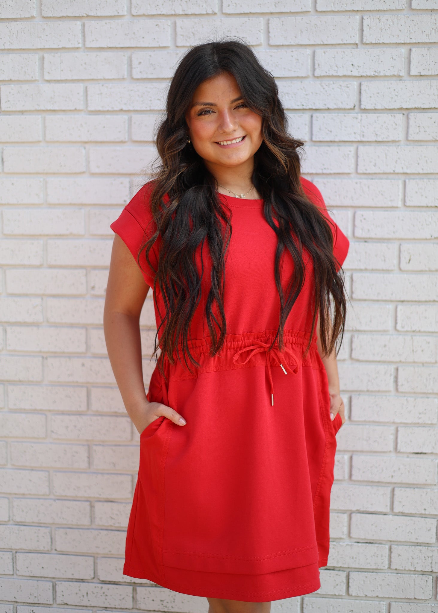 RED JERSEY DRESS W/DRAWSTRING WAISTLINE