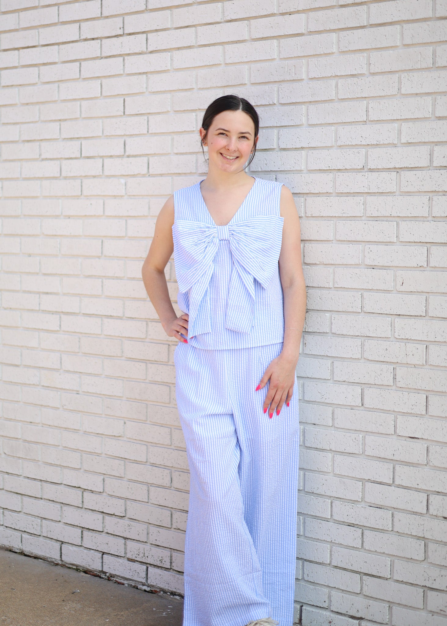 BLUE SEERSUCKER STRIPED 2PC PANT SET