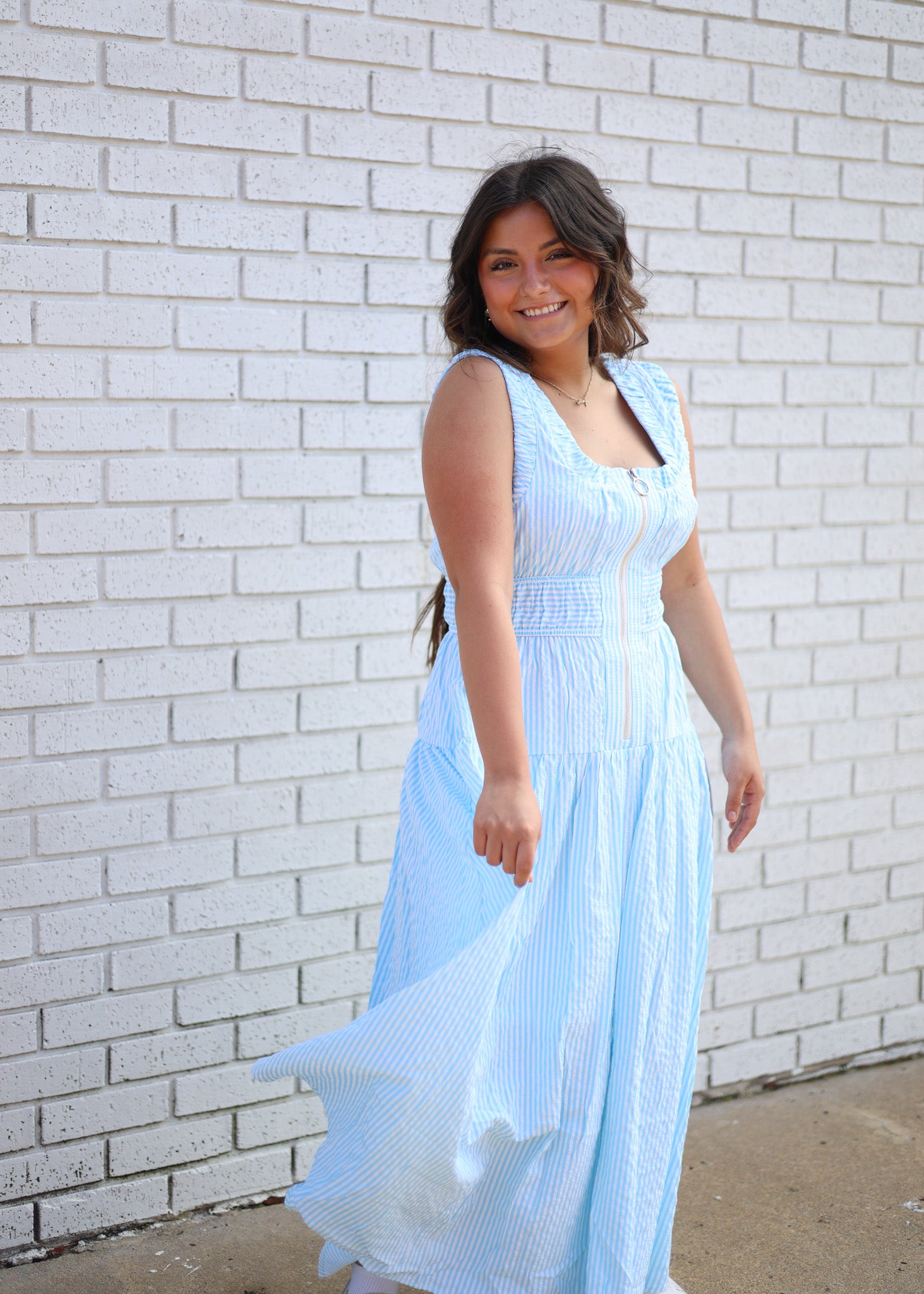 AQUA STRIPE RUSCHED SQUARE NECK SLEEVELESS ZIP FRONT MIDI DRESS W/ELASTIC WAIST