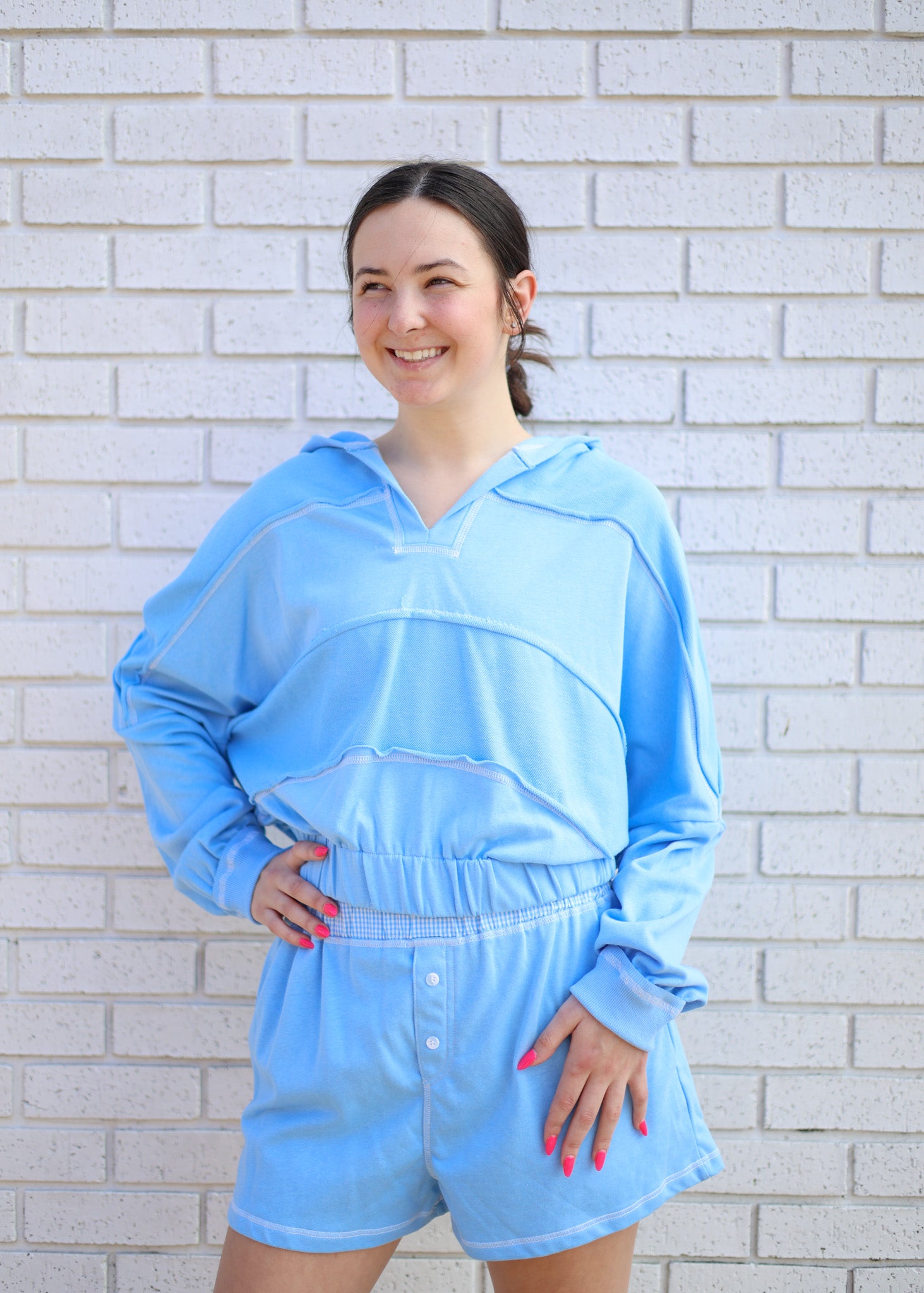 BLUE 2PC FRENCH TERRY SHORT SET WITH GINGHAM EDGE SHORTS