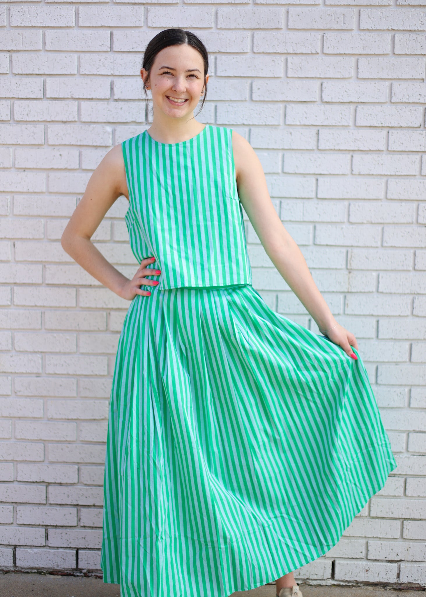 GREEN STRIPE 2PC HIGH WAIST MIDI SKIRT & BLOUSE SET