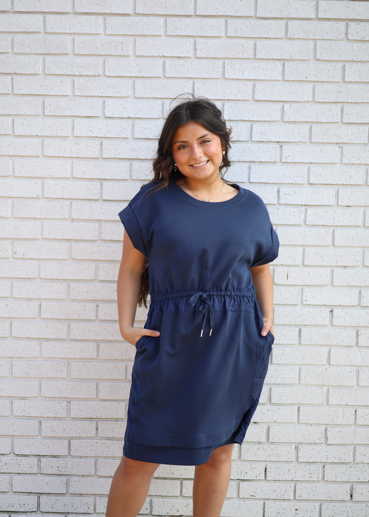 NAVY JERSEY DRESS W/DRAWSTRING WAISTLINE
