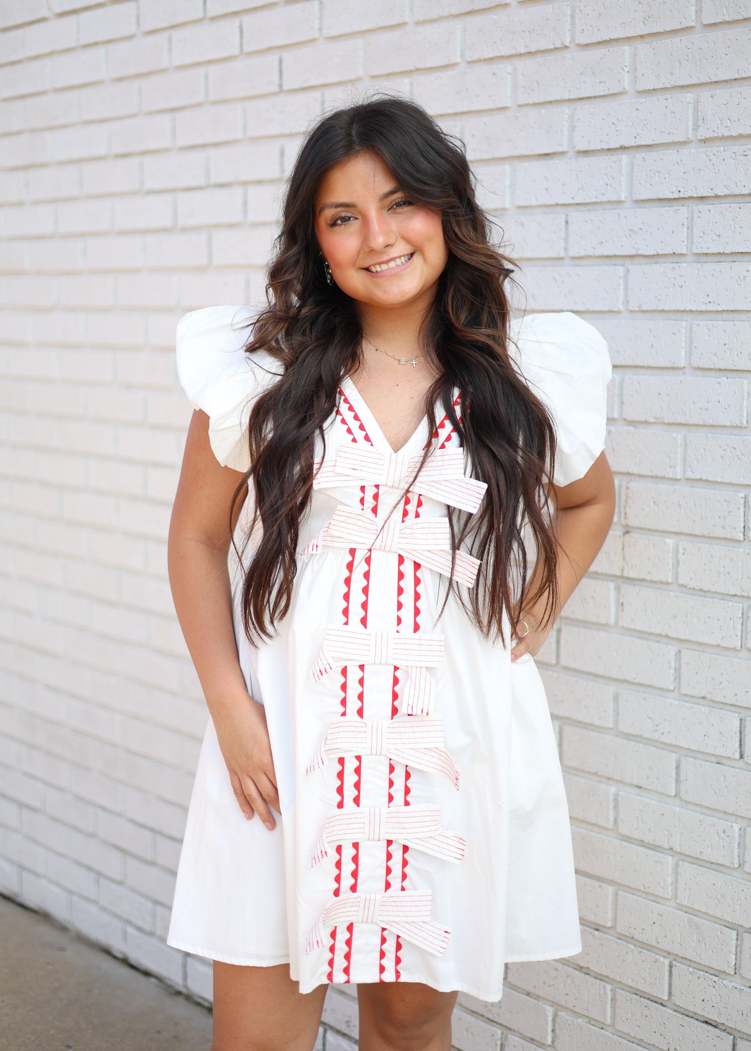 OFF-WHITE COTTON MINI DRESS WITH RED RIC RAC DETAIL TRIM