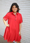 RED W/MULTI-COLOR ACCENTED TAB SHORT SLEEVED COLLARED MINI DRESS