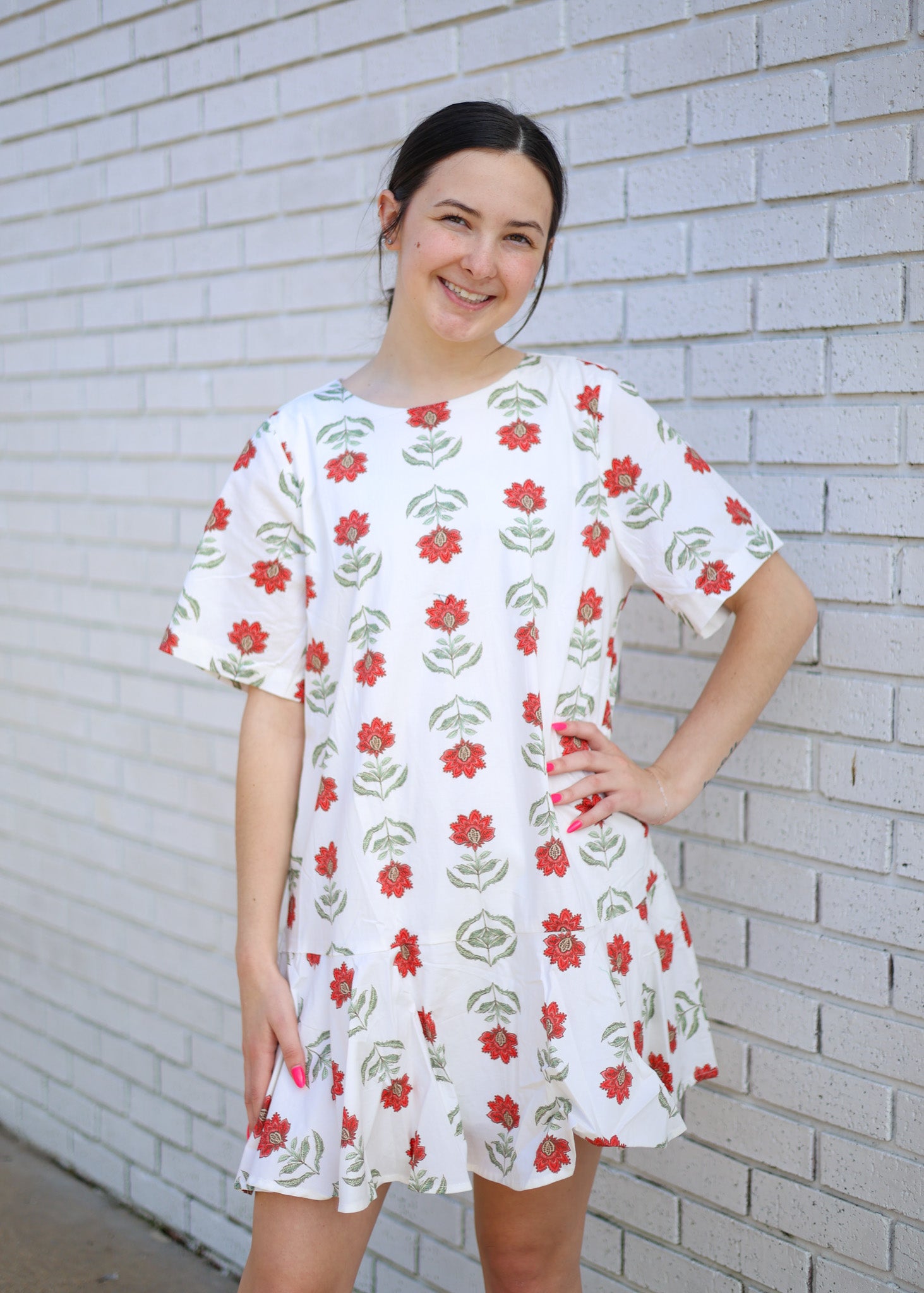 CREAM FLORAL PRINT SHORT SLEEVE RUFFLE HEM MINI DRESS