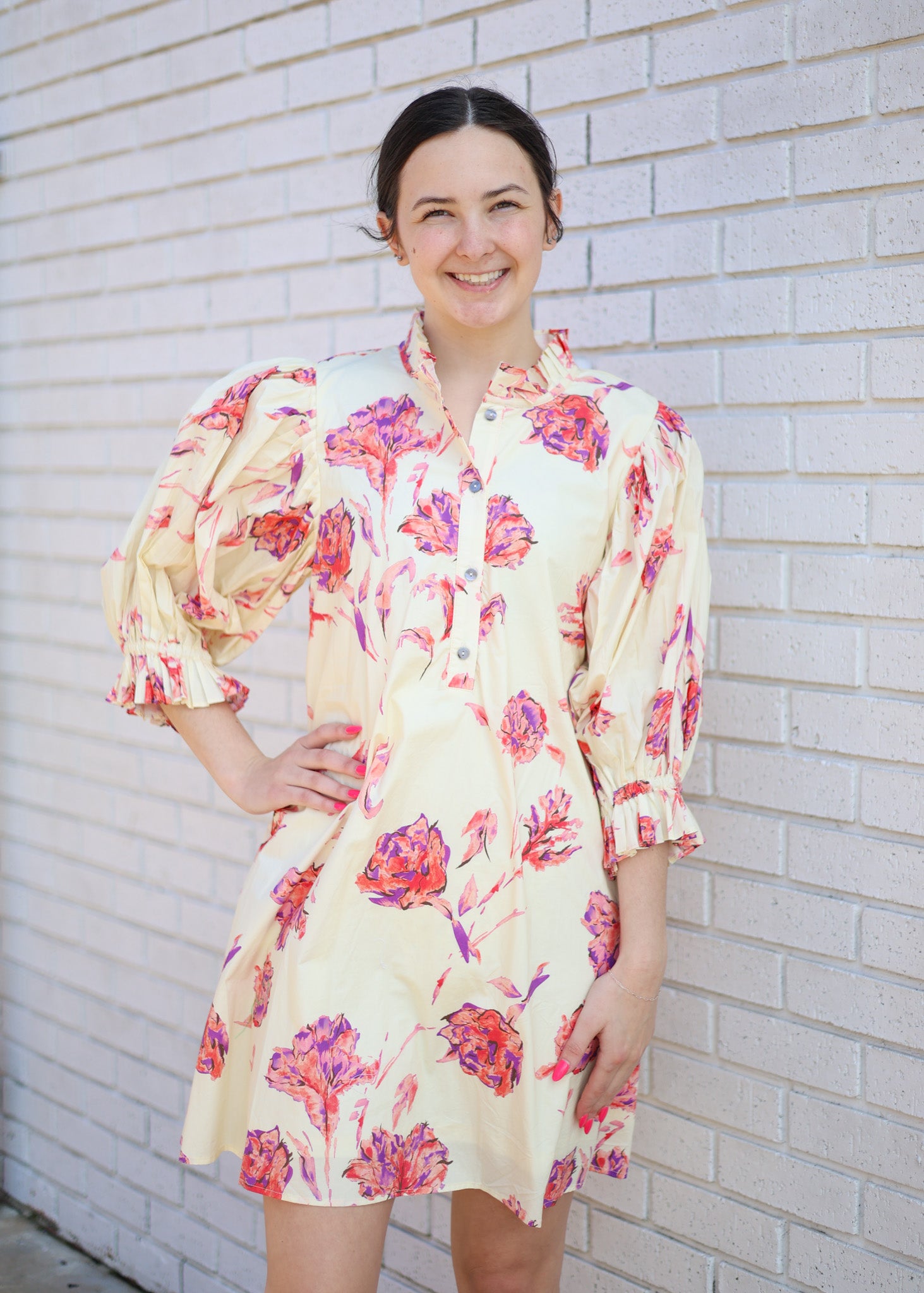 CREAM DRESS W/PINK&PRPL FLORAL