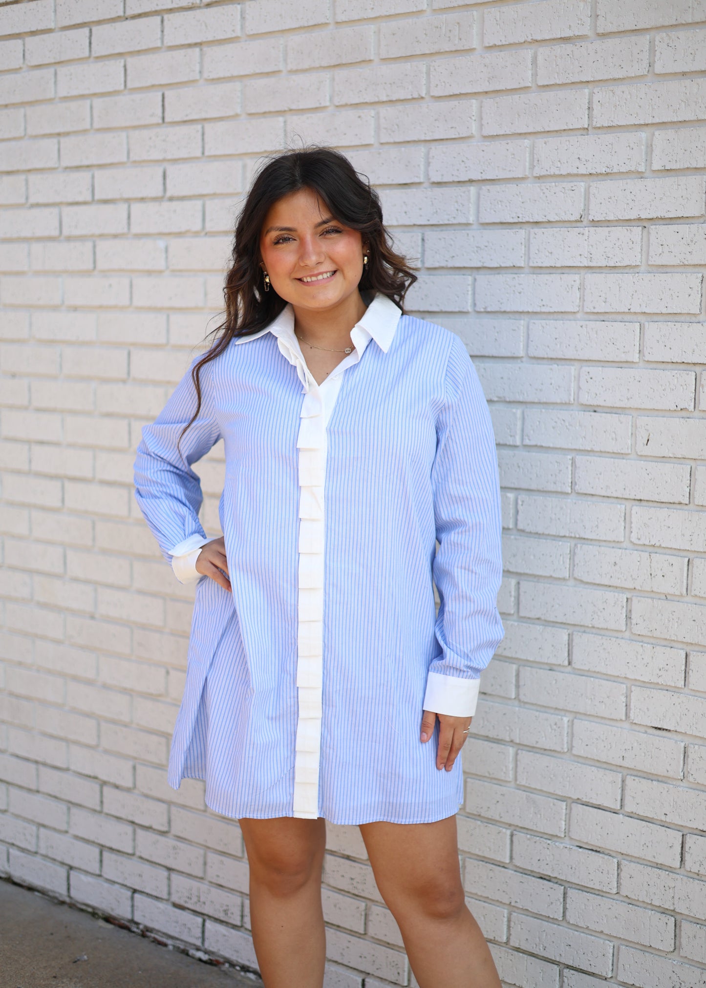 SKY BLUE & WHITE PIN STRIPE PLEAT CONTRAST MINI DRESS