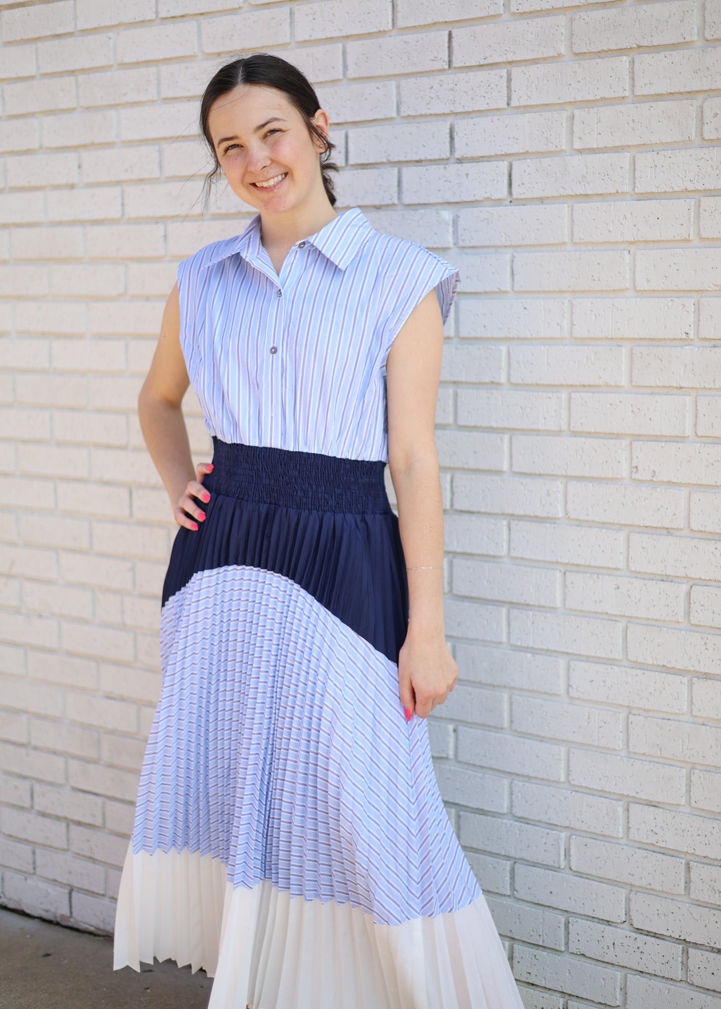 BLUE STRIPE AND COLORBLOCK SLEEVELESS PLEATED MINI DRESS