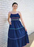 NAVY SHOULDER TIE EMPIRE MIDI DRESS W/CONTRAST ACCENTS