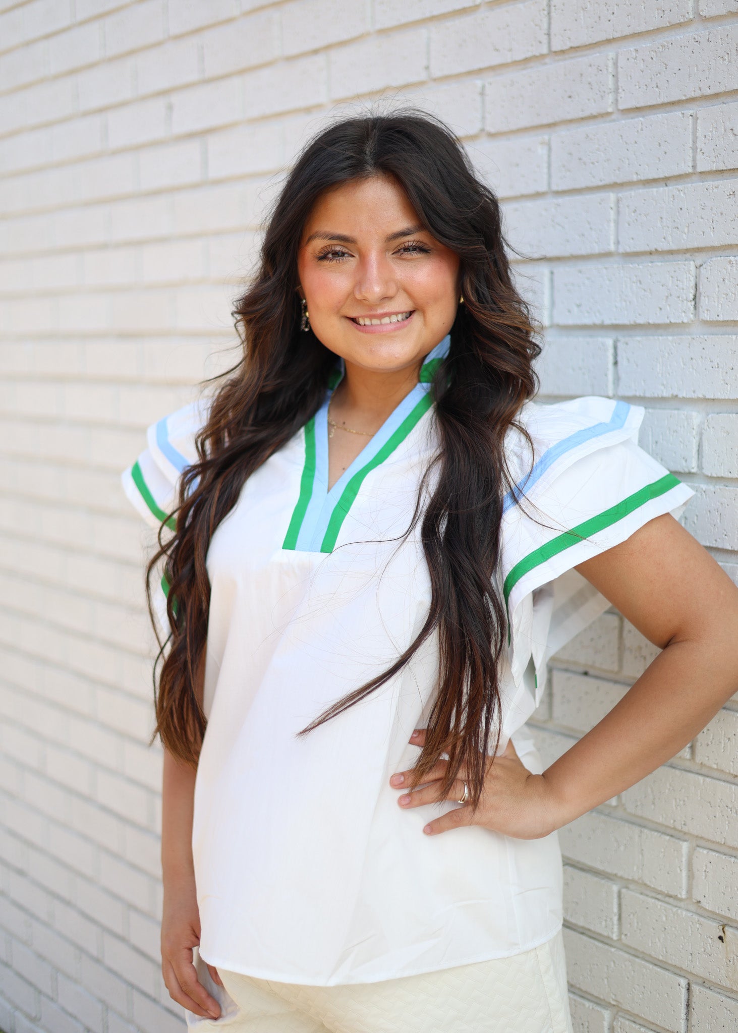 WHITE FLUTTER SLEEVE BLOUSE WITH GREEN & BLUE CONTRAST TRIM