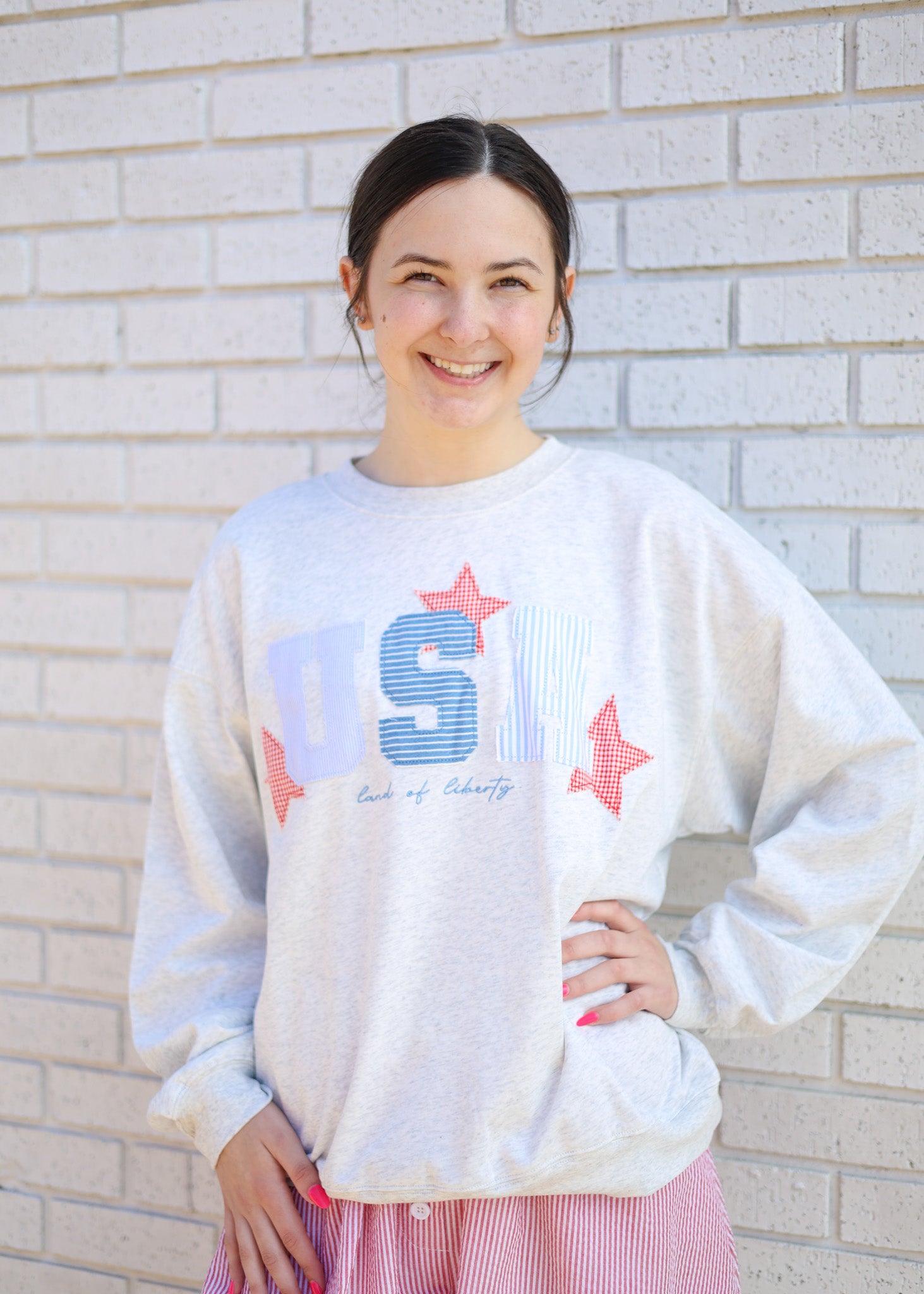 HEATHER IVORY USA PATCHWORK OVERSIZED CREWNECK TOP