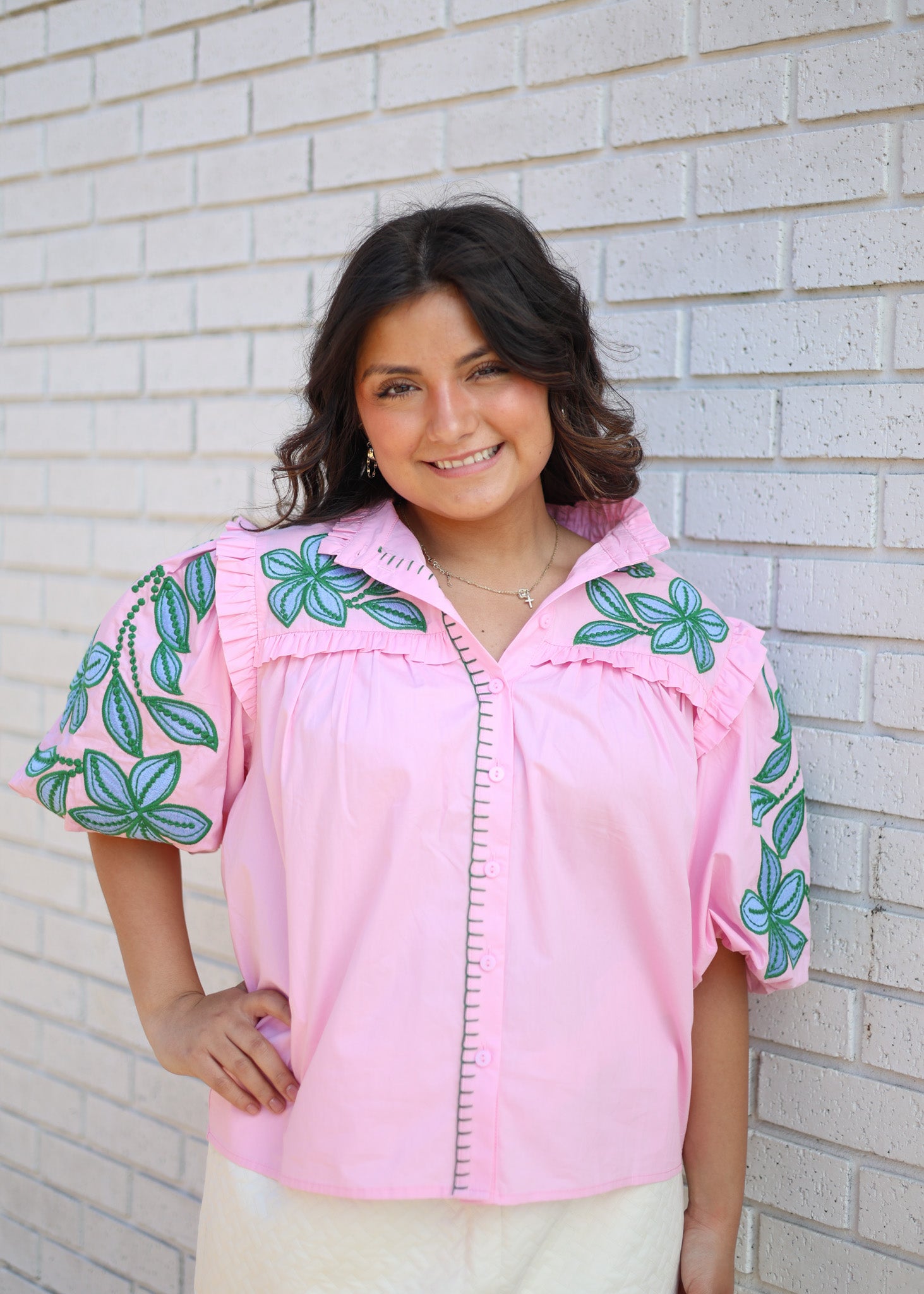 PINK PUFF SLEEVE POPLIN EMBROIDERED TOP