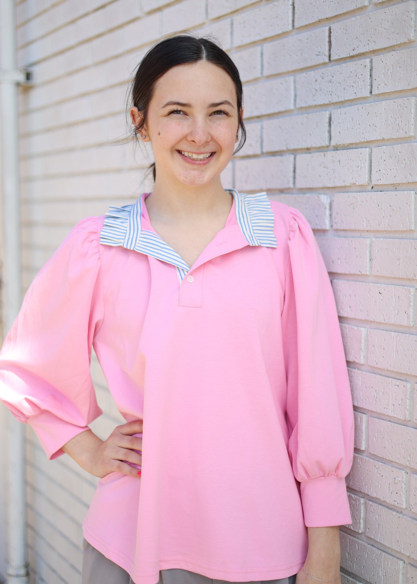PINK BALLOON SLEEVE BLOUSE W/CONTRAST STRIPE RUFFLE NECK