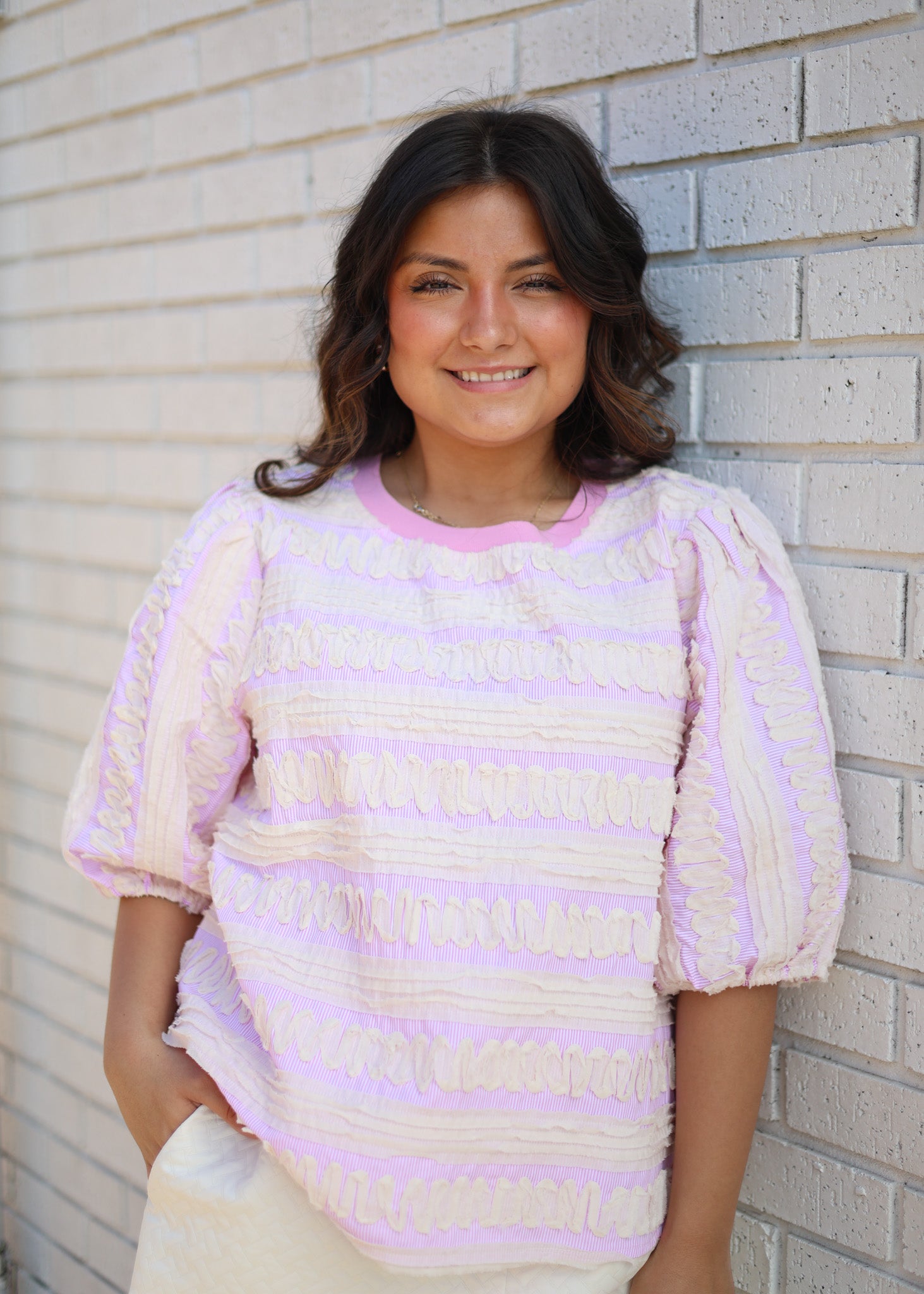 PINK RAW EDGED CONTRAST COTTON TEXTURED TOP