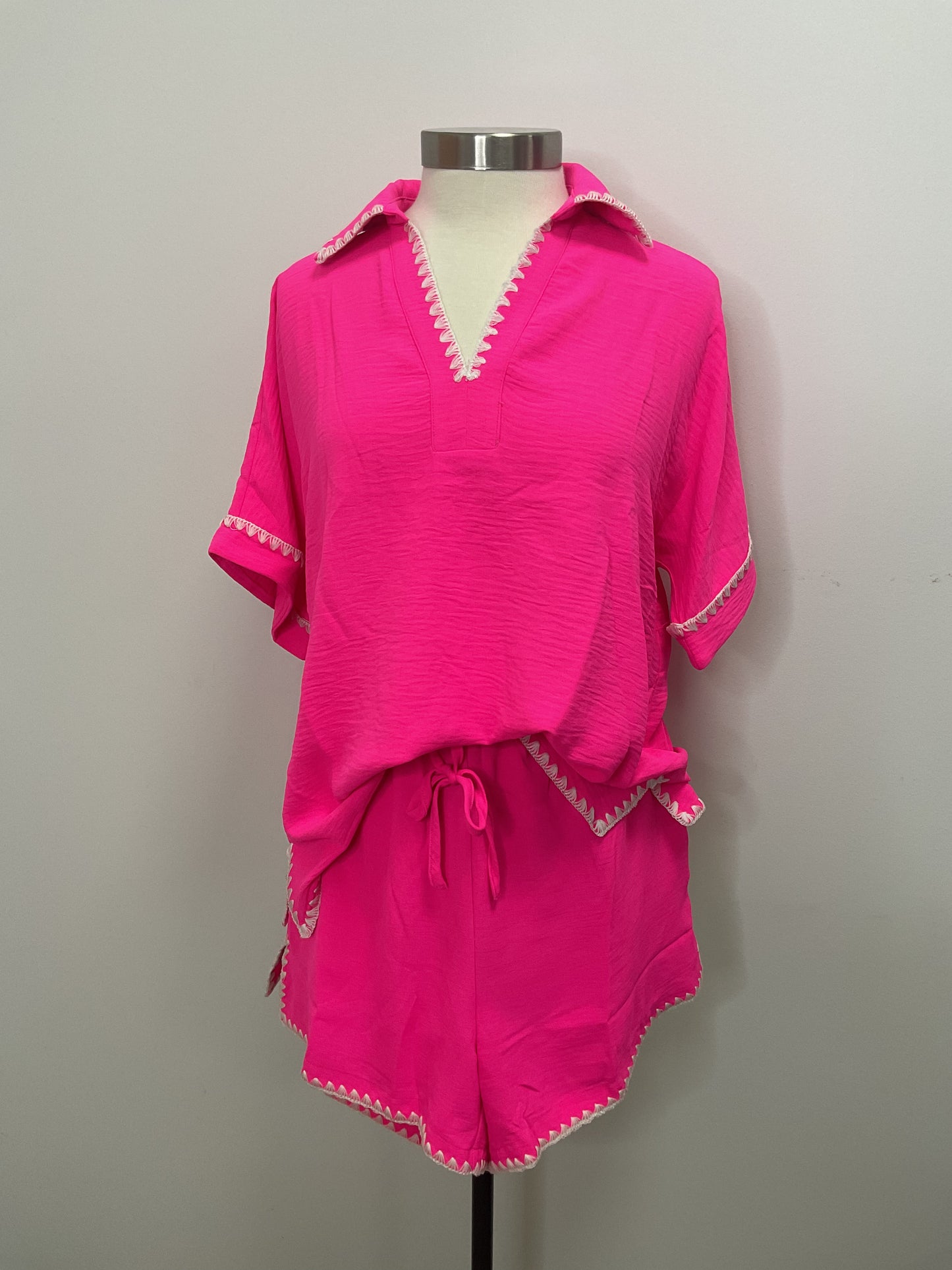 HOT PINK WITH SCALLOP EMBROIDERY DETAIL 2 PC. SHORT SET