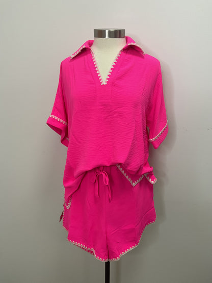 HOT PINK WITH SCALLOP EMBROIDERY DETAIL 2 PC. SHORT SET