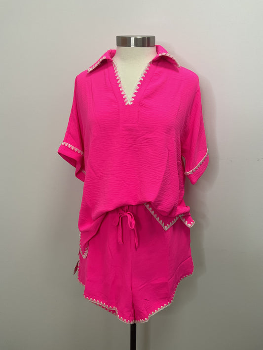 HOT PINK WITH SCALLOP EMBROIDERY DETAIL 2 PC. SHORT SET