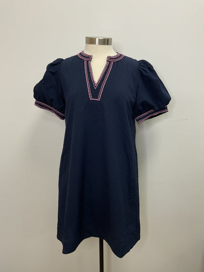 SHORT PUFF SLEEVE SHIFT DRESS WITH EMBROIDERY ACCENT - NAVY