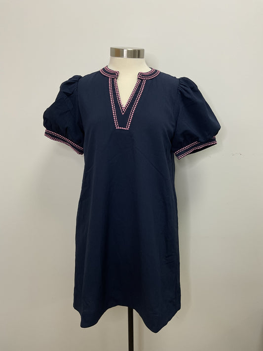 SHORT PUFF SLEEVE SHIFT DRESS WITH EMBROIDERY ACCENT - NAVY