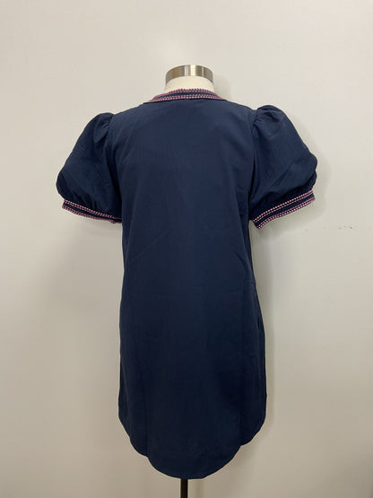 SHORT PUFF SLEEVE SHIFT DRESS WITH EMBROIDERY ACCENT - NAVY
