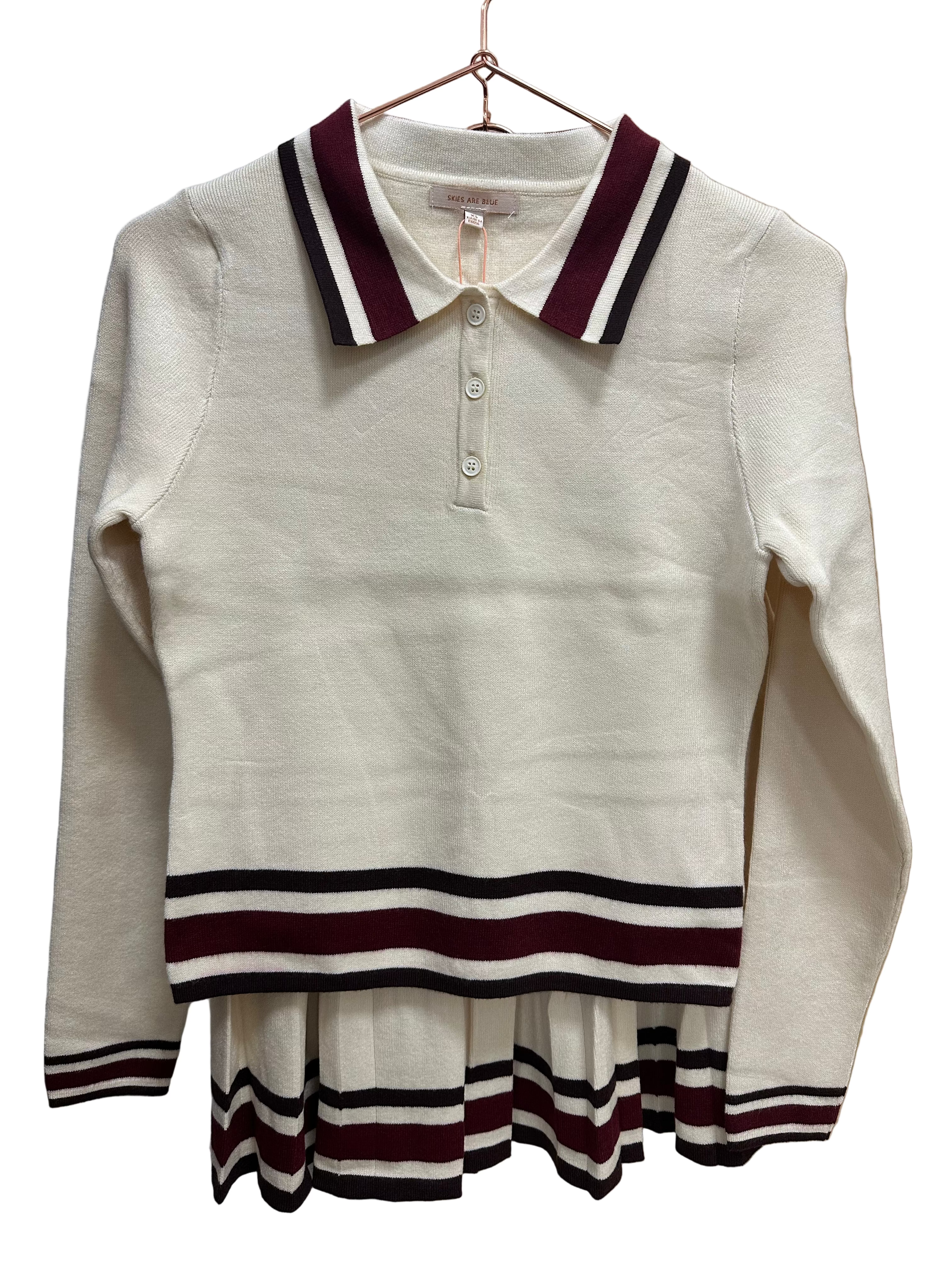 SWEATER TOP & SKIRT SET - CREAM/BURGUNDY