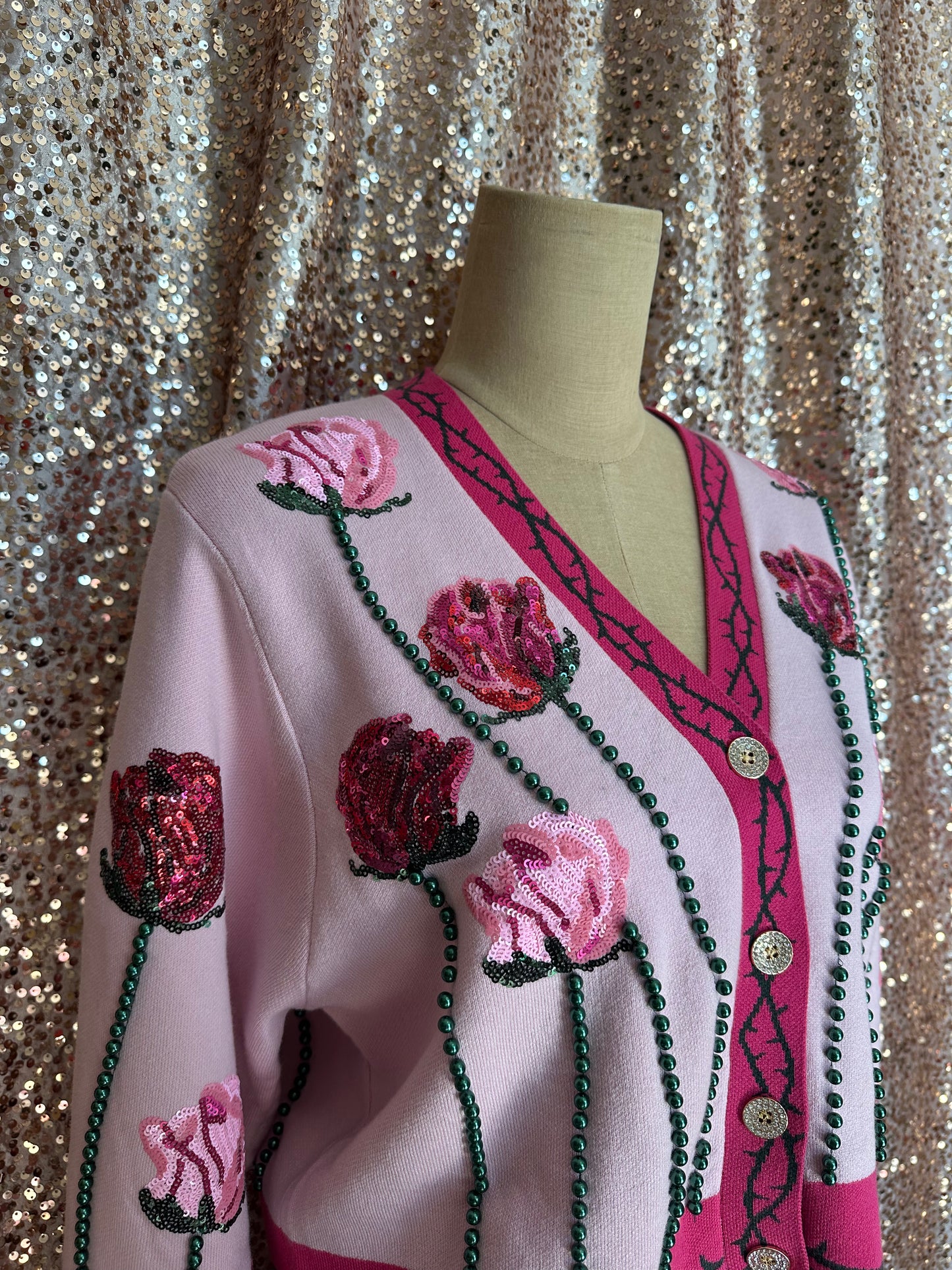 LIGHT PINK LONG STEM ROSE CARDIGAN