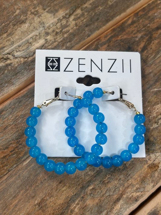 MEDIUM GLASS BEAD HOOP EARRINGS - NEON BLUE