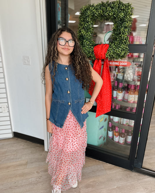 TIERED LIGHT PINK TULLE MIDI SKIRT WITH RED HEARTS - Pharm Favorites by Economy Pharmacy