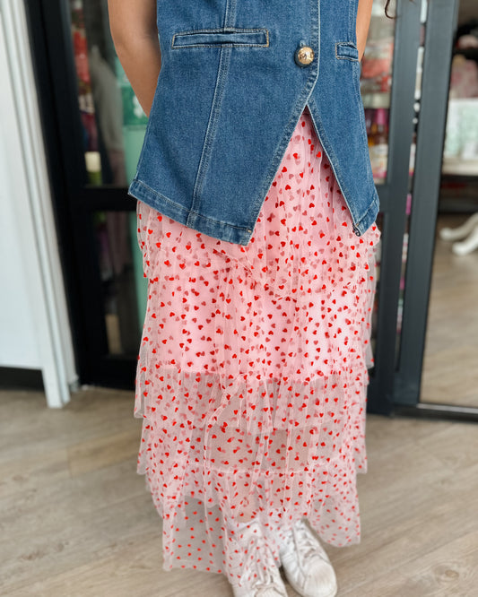 TIERED LIGHT PINK TULLE MIDI SKIRT WITH RED HEARTS - Pharm Favorites by Economy Pharmacy