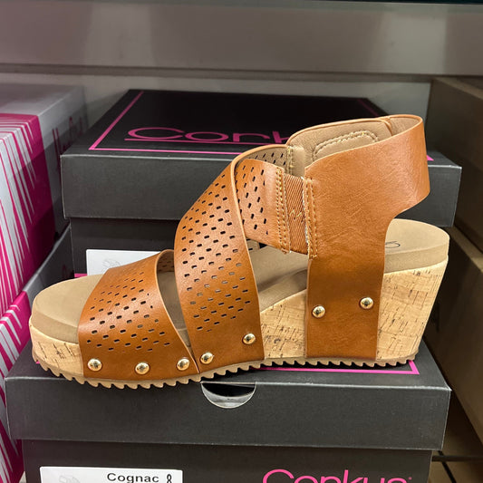 GUILTY PLEASURE CORK SOLE WEDGES IN COGNAC