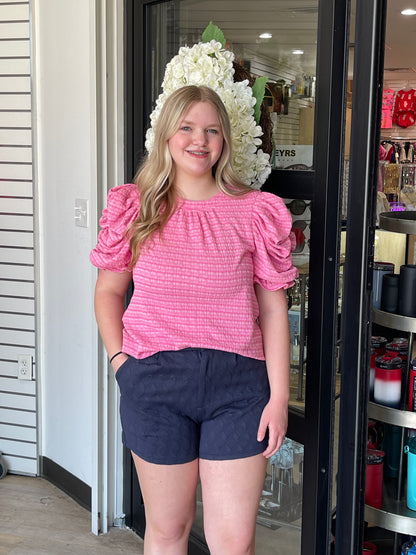 Pink Striped Textured Top with Gathered Sleeves