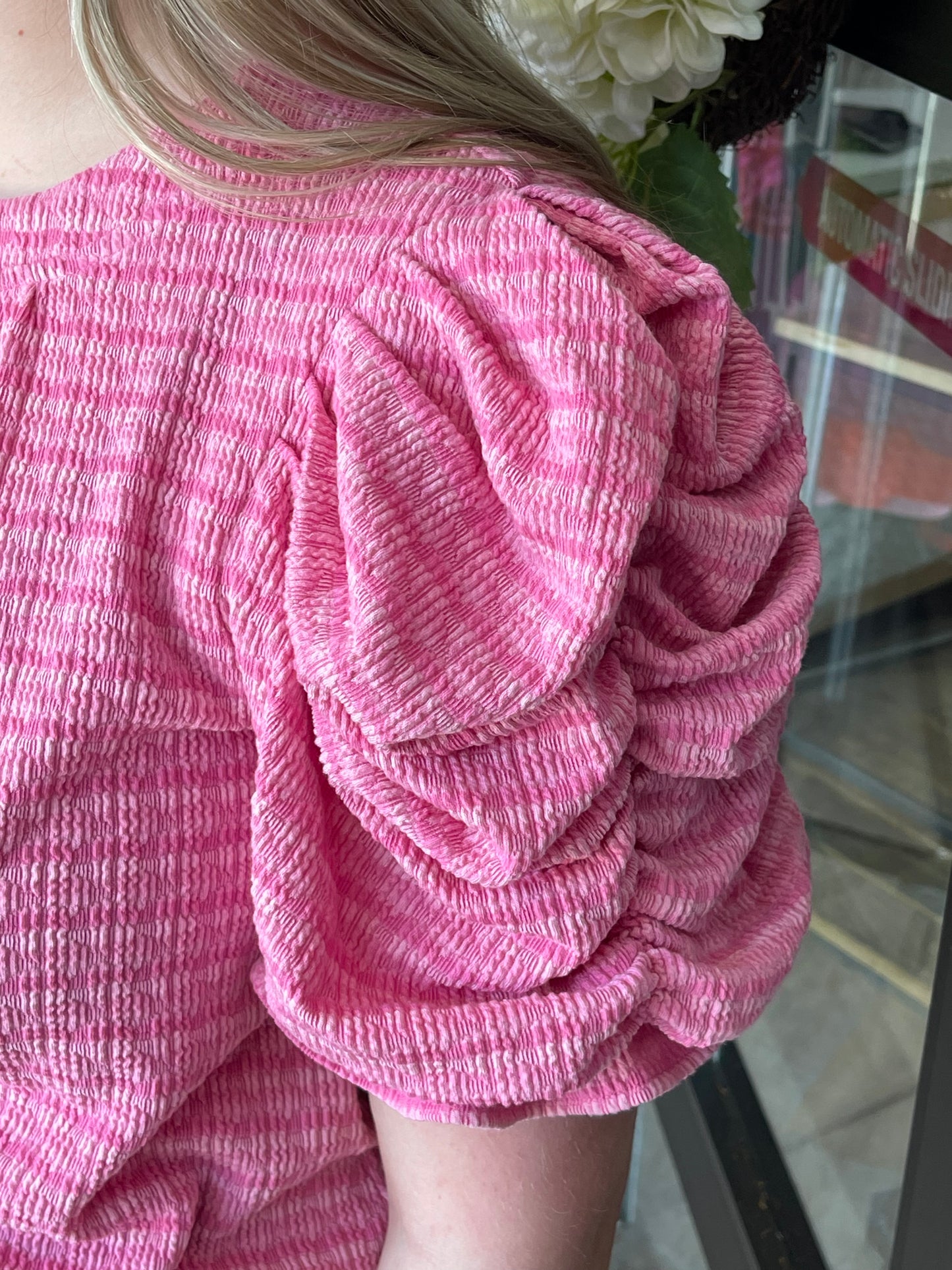 Pink Striped Textured Top with Gathered Sleeves