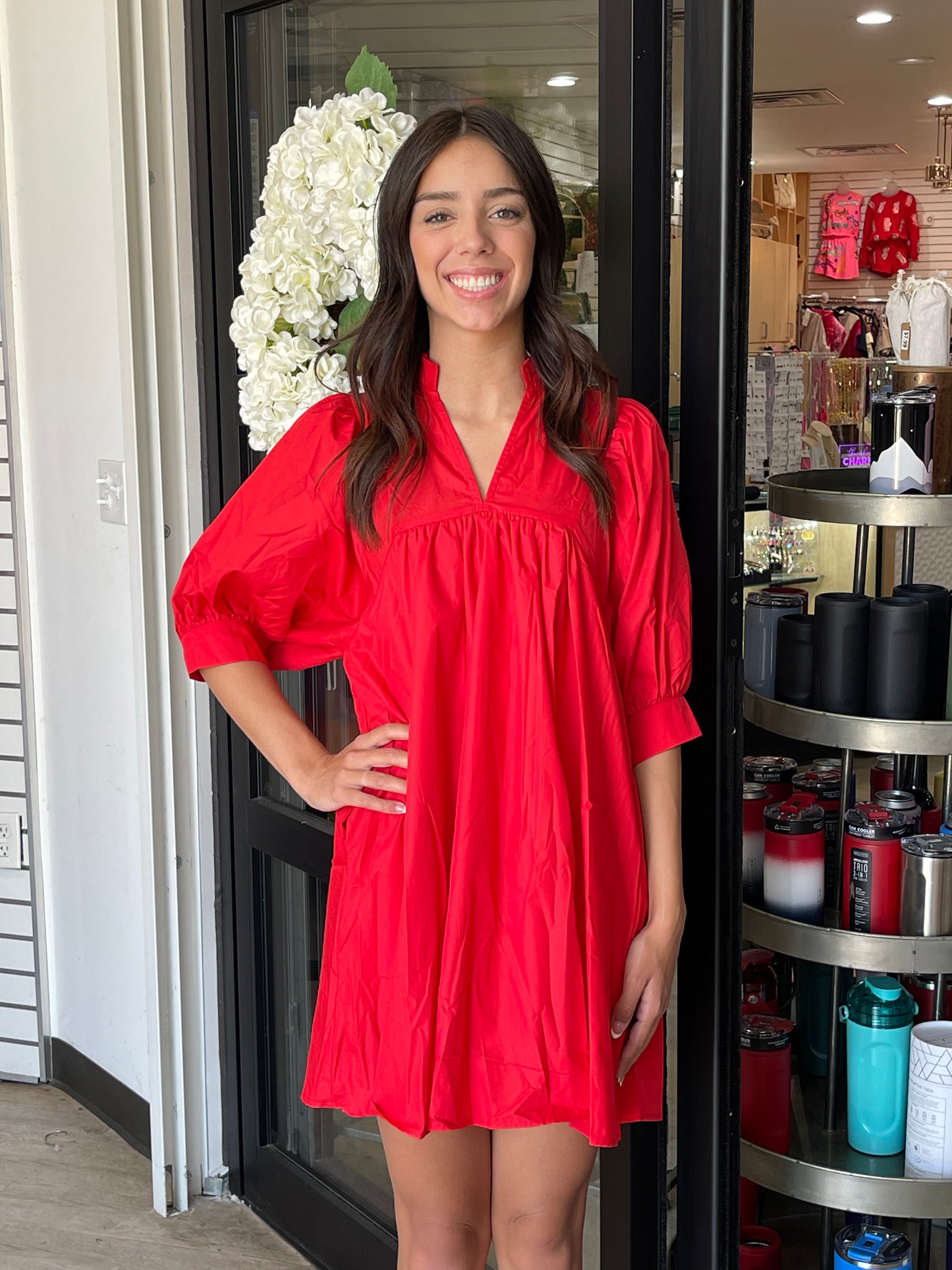 Red Pleated V-Neck Dress