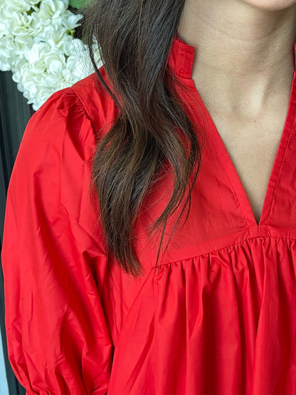 Red Pleated V-Neck Dress