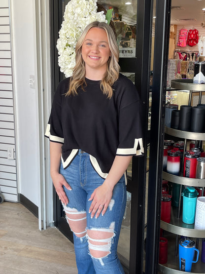 Black Sweater Top with Cream Trim