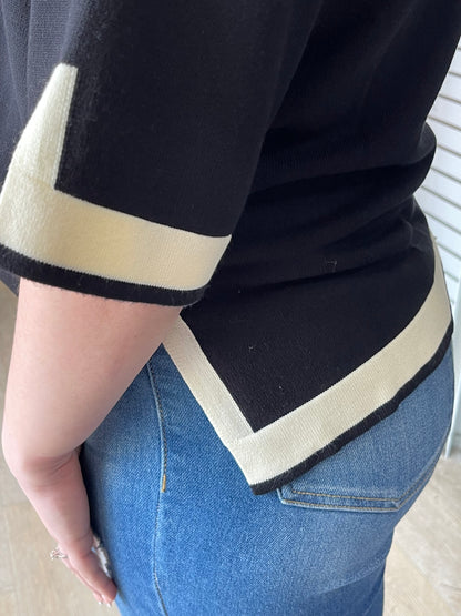 Black Sweater Top with Cream Trim