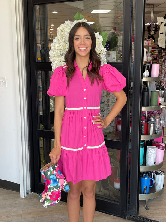 Hot Pink Balloon-sleeve Button Down Dress with White Ribboning