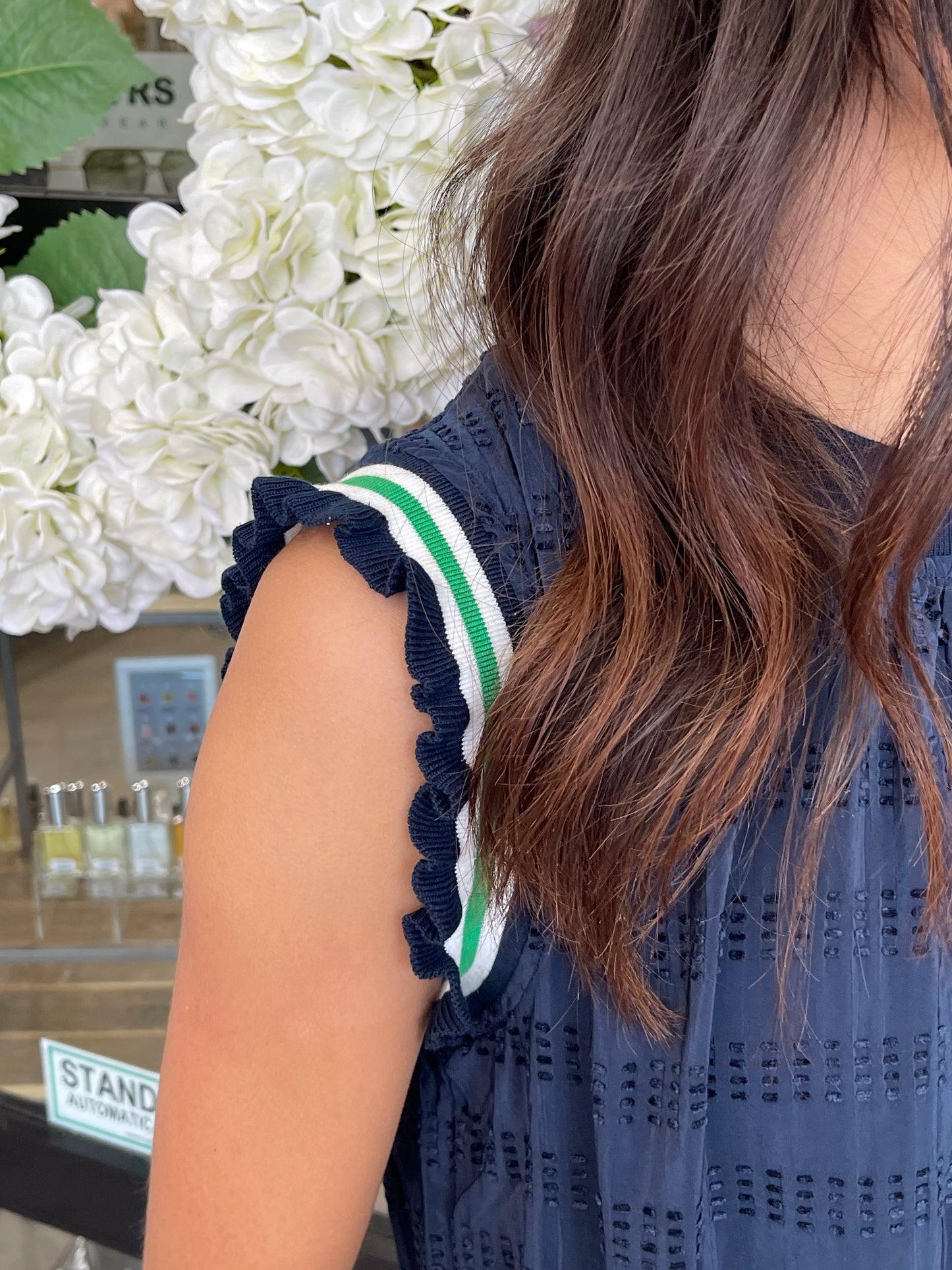 Navy Textured Prep Dress with Green & White Striping