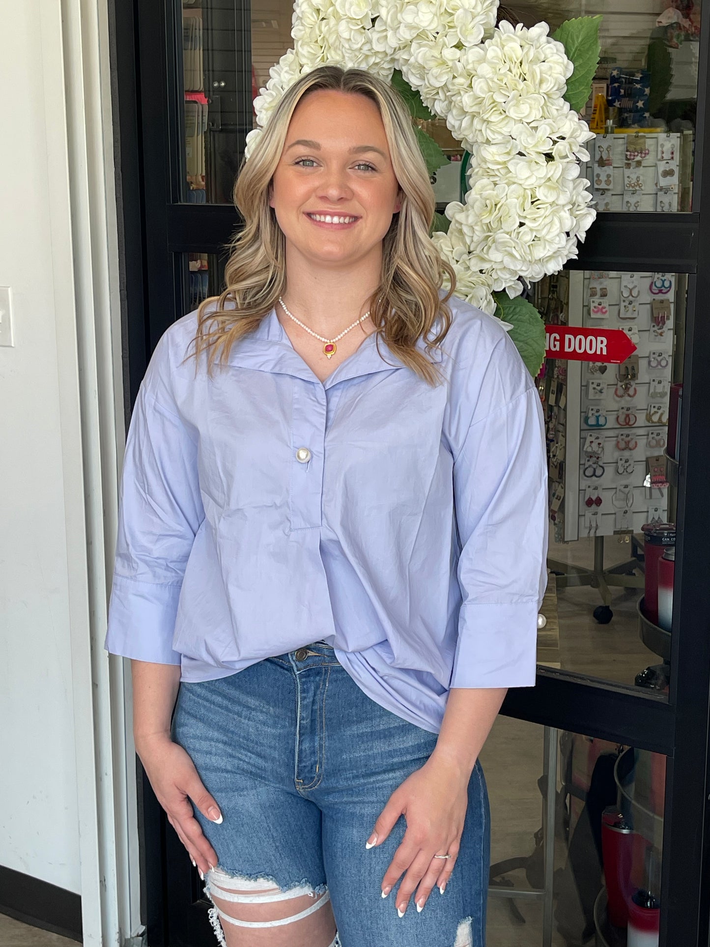 Periwinkle Collared Top with Pearl Accent