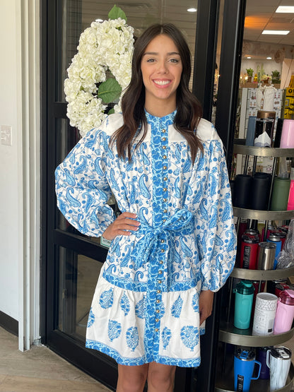 BeulahStyle White & Blue Paisley Dress