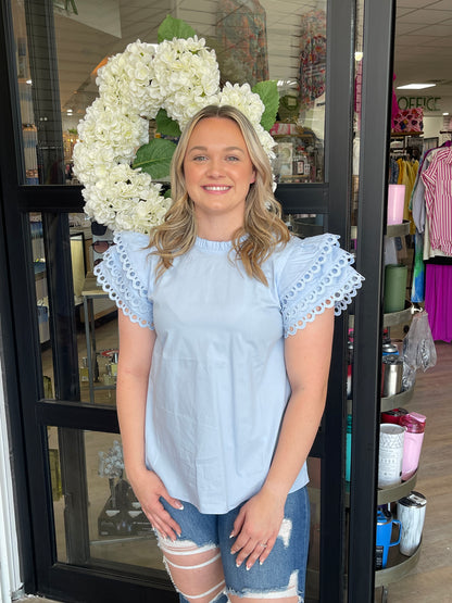 Light Blue Blouse with Eyelet Trim