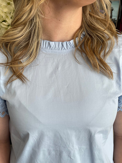 Light Blue Blouse with Eyelet Trim