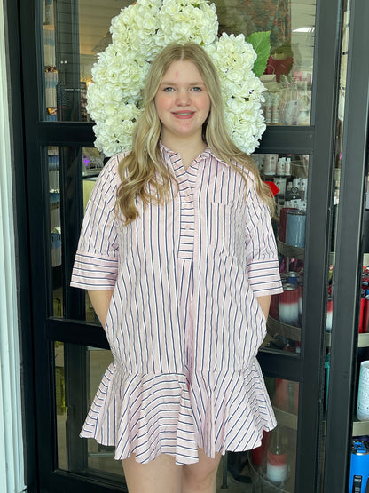 Light Pink Shirt Dress with Navy Blue Pinstripes