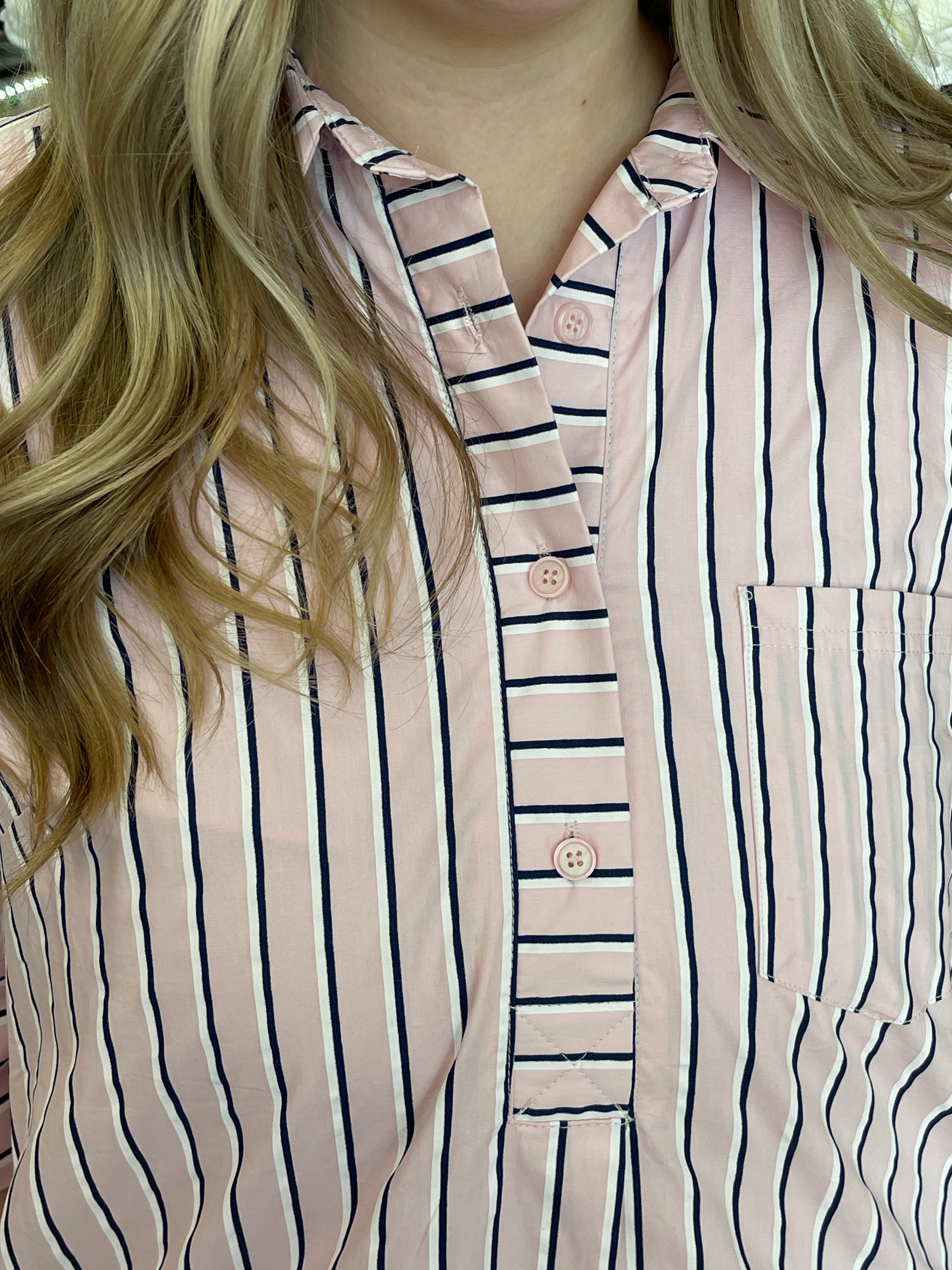 Light Pink Shirt Dress with Navy Blue Pinstripes