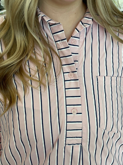 Light Pink Shirt Dress with Navy Blue Pinstripes